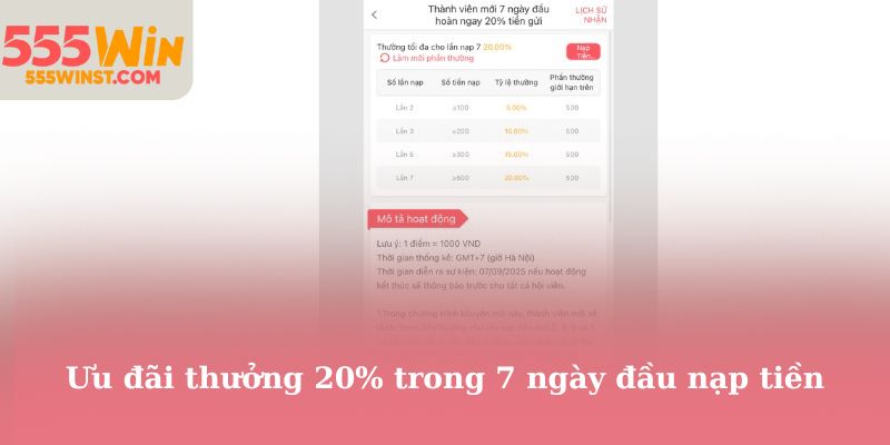 Ưu đãi thưởng 20% trong 7 ngày đầu nạp tiền